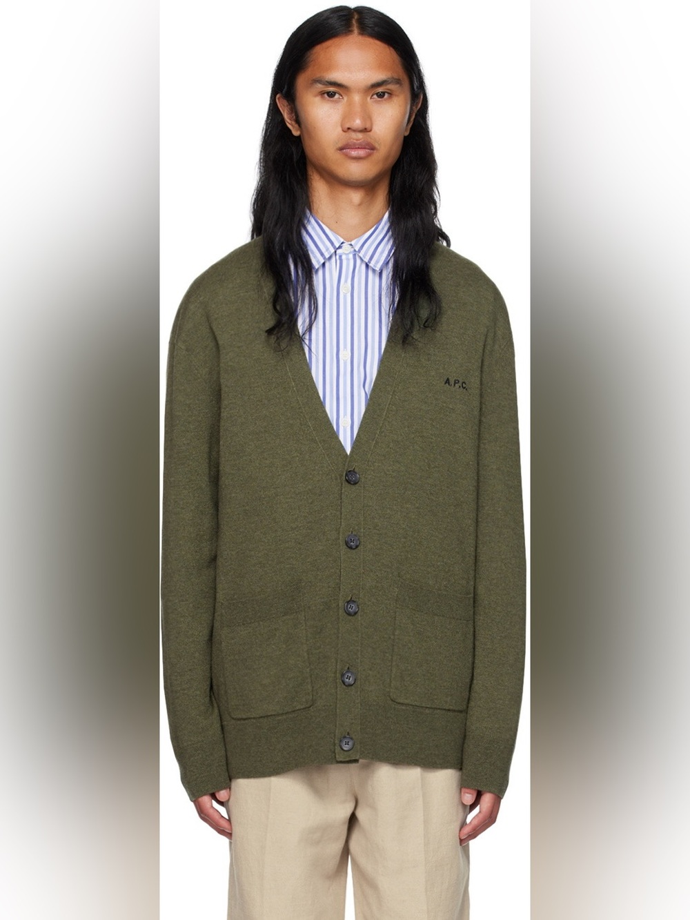 APC Men Cardigan Sweater Theo 100% Virgin Wool Green L EUC Luxury Old Money Soft